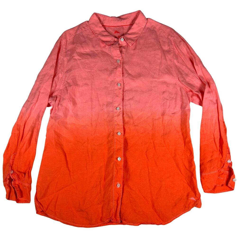 Tommy Bahama Linen Dip Dye Long Sleeve Short Women’s XL Coral Gradient